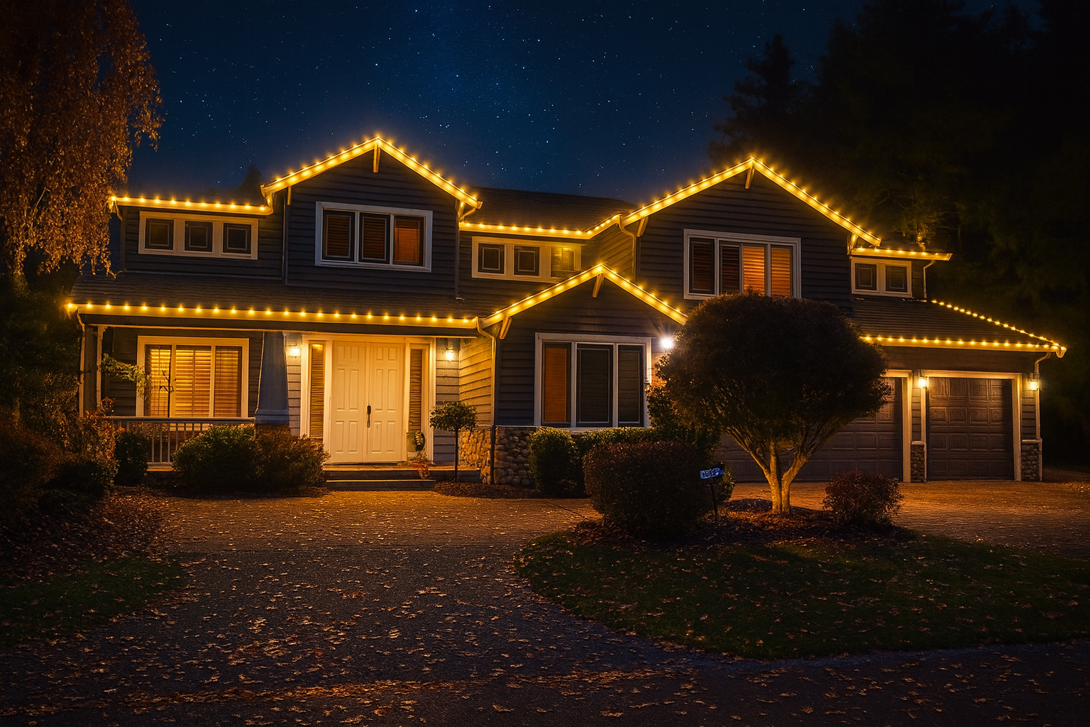 Professional Christmas light installation on Seattle area home - warm white roofline holiday lights by Brightworks Holiday Installers
